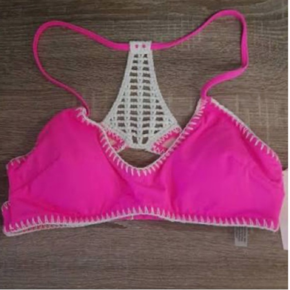 Victoria's Secret Pink Bikini Top with Cream Crochet Back